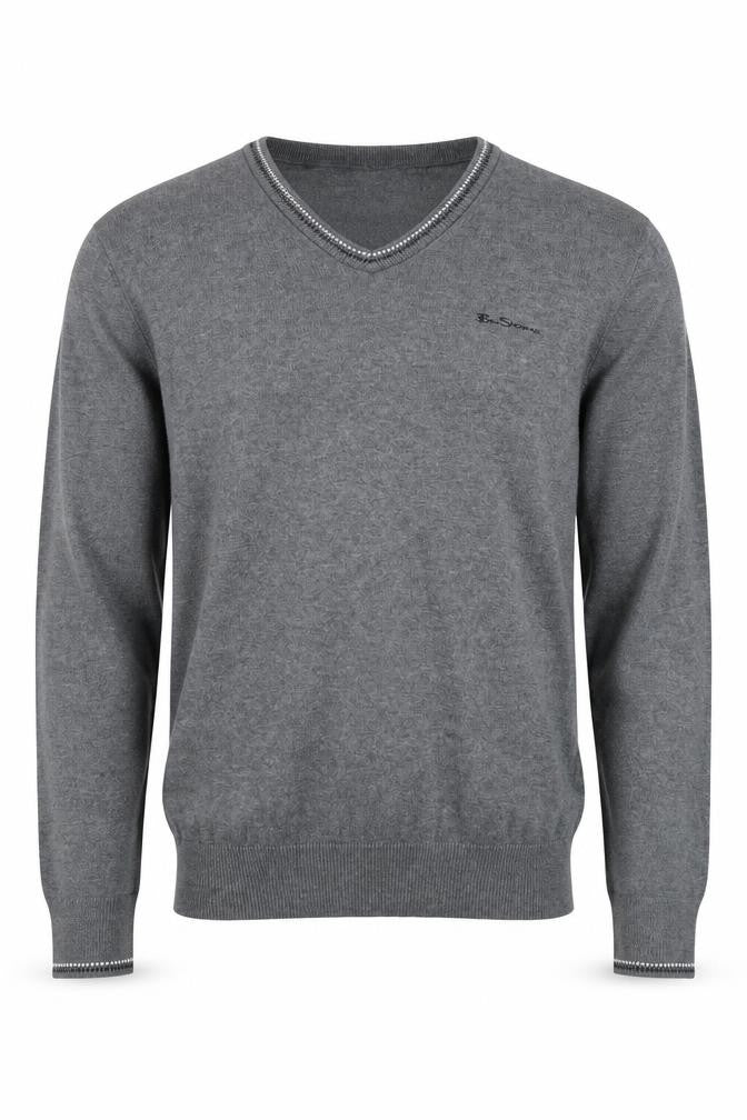 Front view of Ben Sherman Men's Grey V-Neck Jumper, Size Medium.