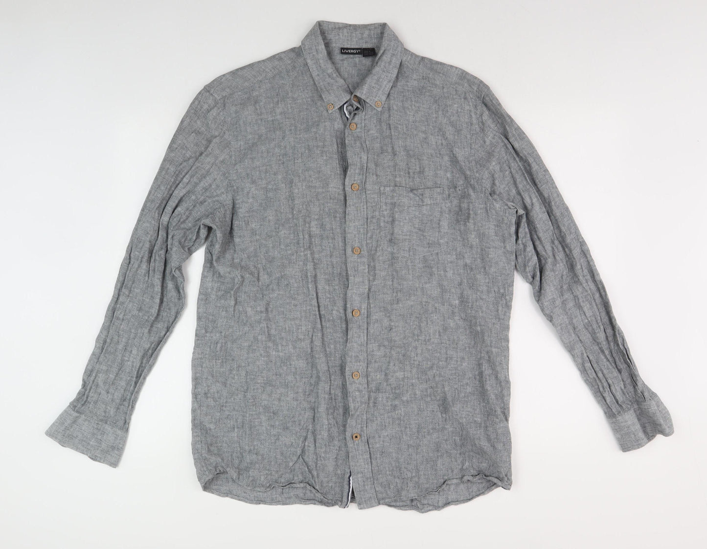 Livergy Men's Grey Linen Blend Button-Up Shirt - Size L