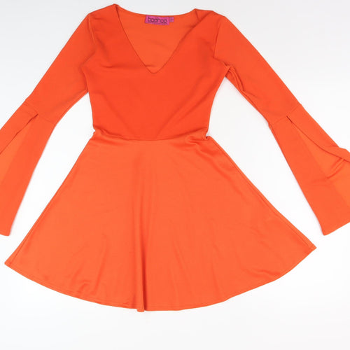 Boohoo Women's Orange V-Neck Fit & Flare Dress, Size 6