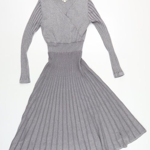 Yumi Women's Grey A-Line Knit Dress, S, V-Neck, Long Sleeve