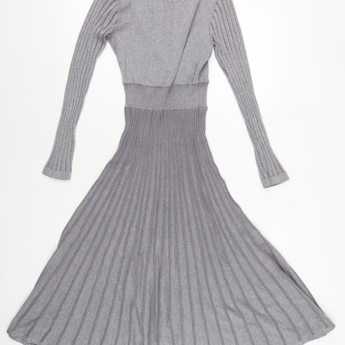 Yumi Women's Grey A-Line Knit Dress, S, V-Neck, Long Sleeve
