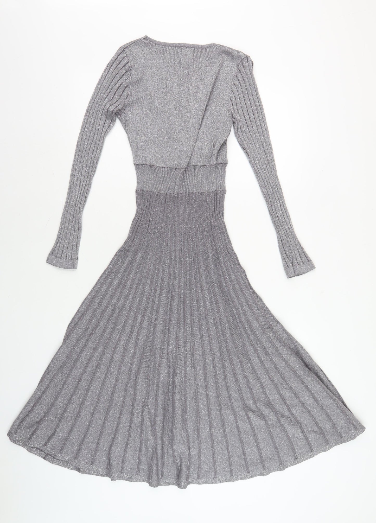 Yumi Women's Grey A-Line Knit Dress, S, V-Neck, Long Sleeve