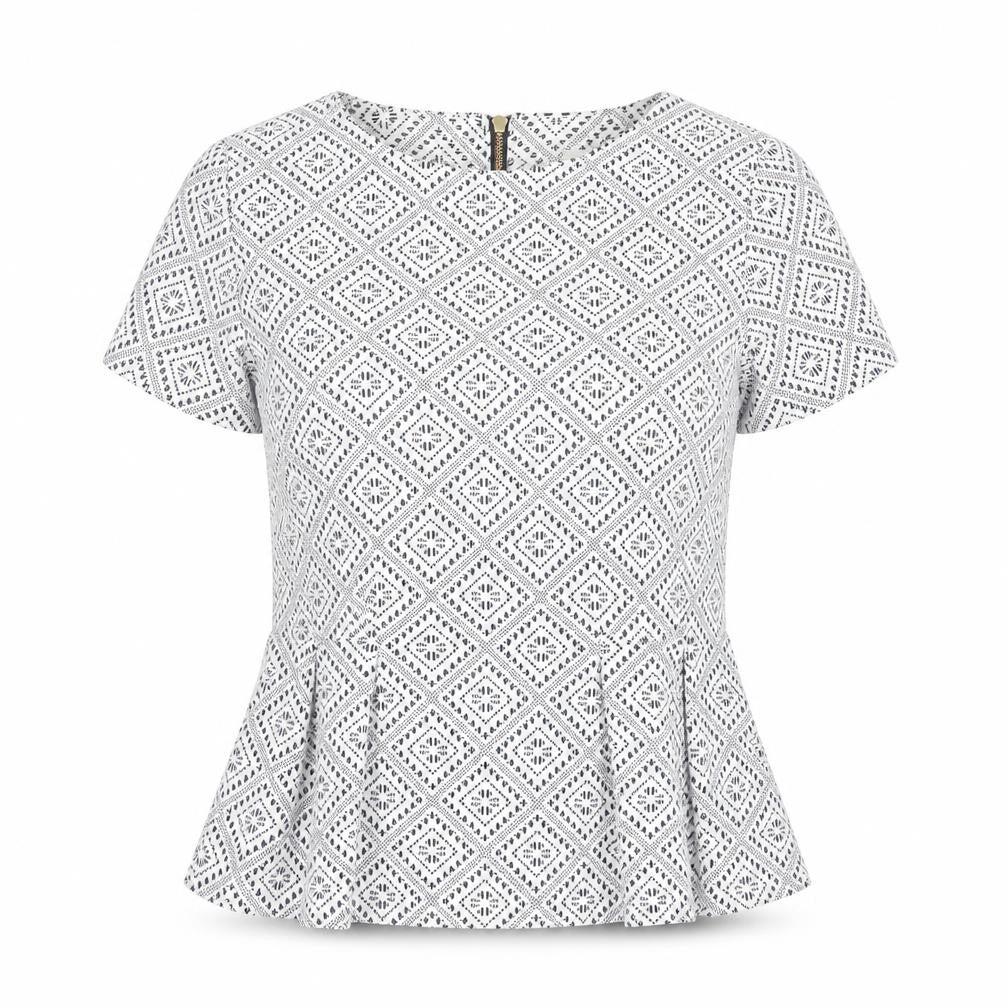Front view of Almari Women's White Geometric Top