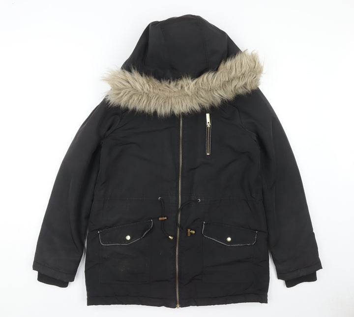Oasis Women's Black Hooded Parka Coat S Polyester Winter