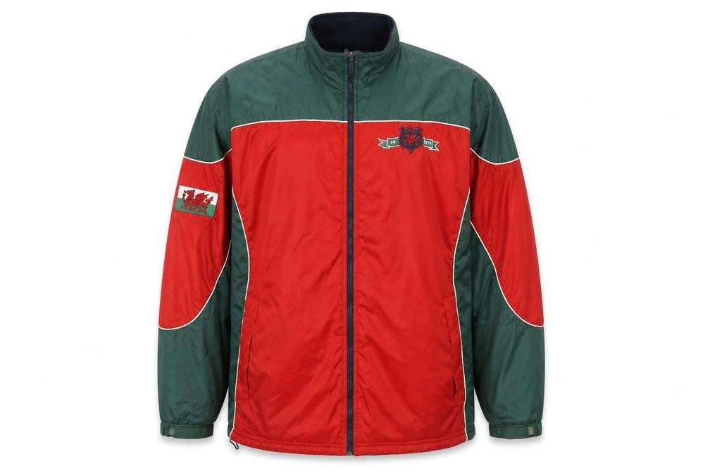Front view of Manav unisex red/green varsity jacket xxl nylon