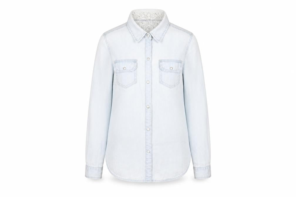 Front view of FatFace Women's Blue Denim Button-Up Shirt, size 10