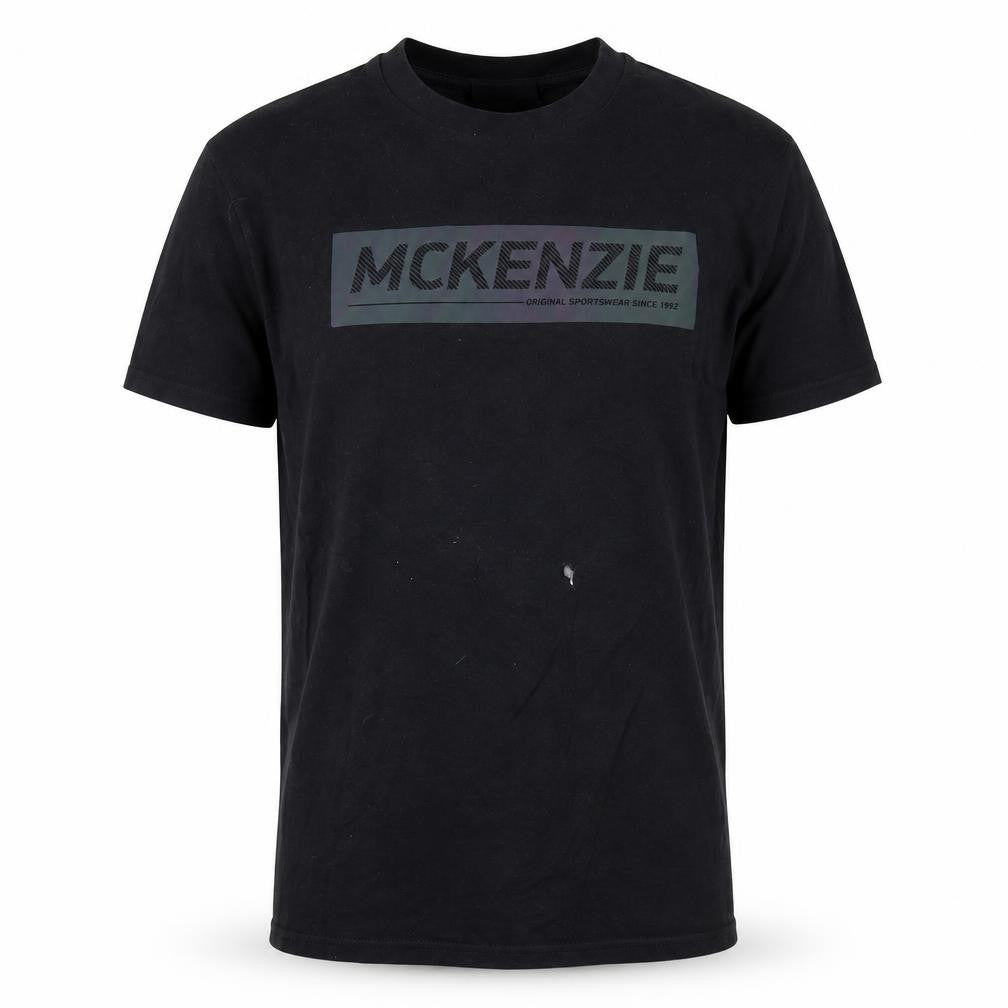 Front view of McKenzie Men's Black Logo T-Shirt, size S