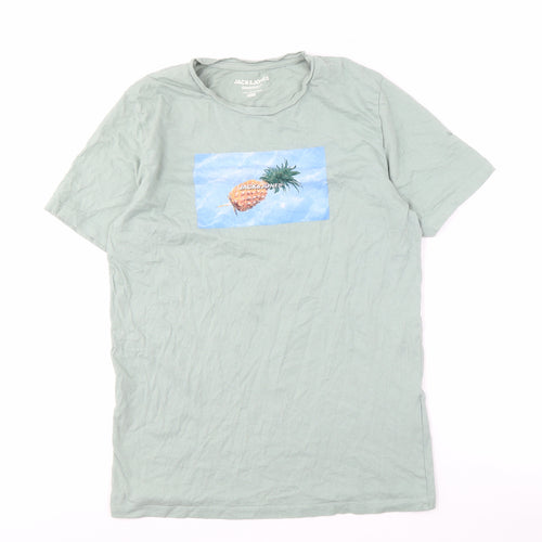 Jack & Jones Men's Green Graphic Print T-Shirt L Slim Fit