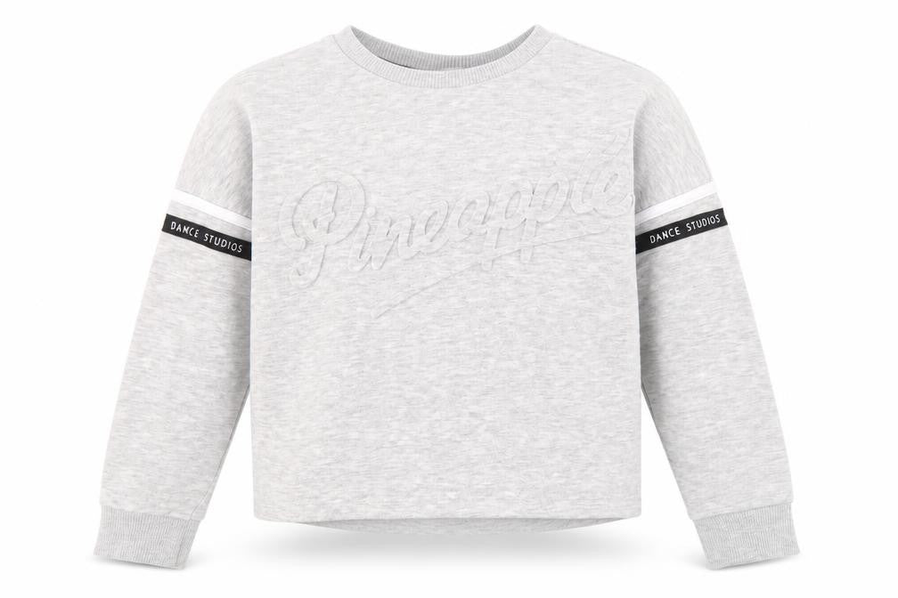 Front view of Pineapple girls’ grey pullover sweatshirt, graphic print, dance