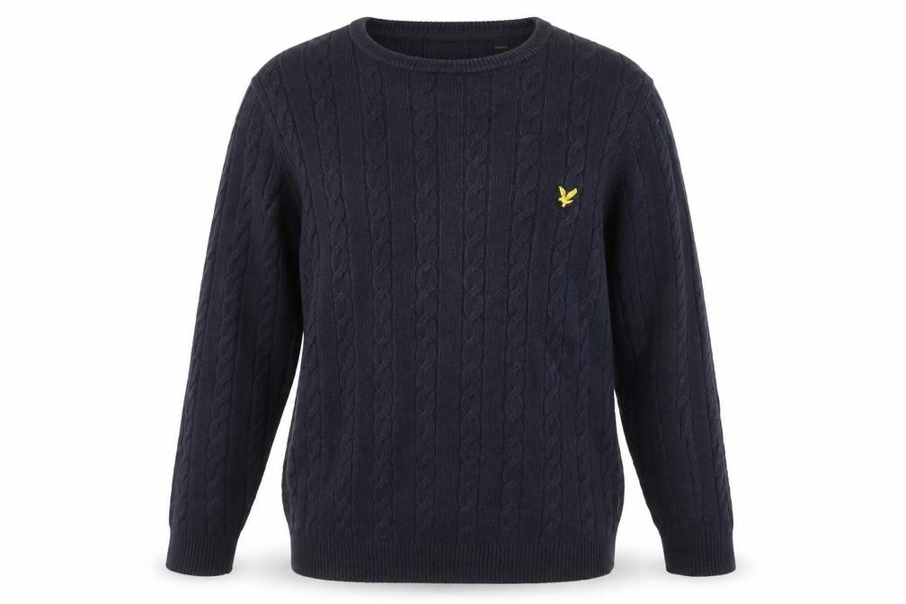 Front view of Lyle & Scott Men's Blue Cable-Knit jumper L
