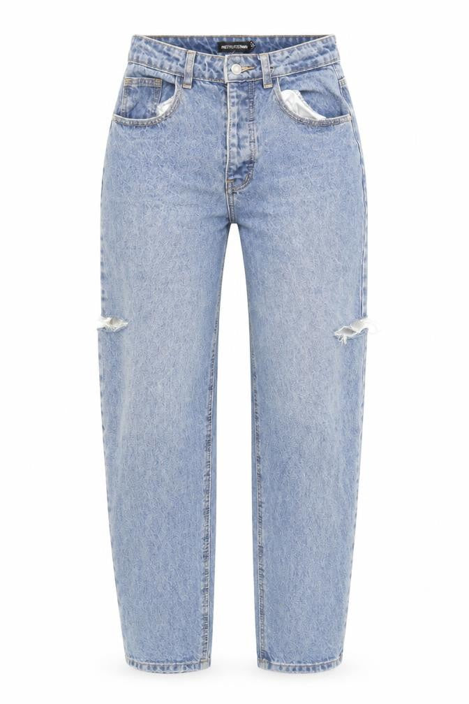 Front view of PRETTYLITTLETHING Women's Blue Distressed Straight Jeans UK 8