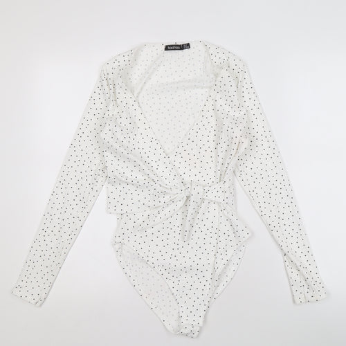 Boohoo Women's White Polka Dot Wrap Bodysuit - UK 12