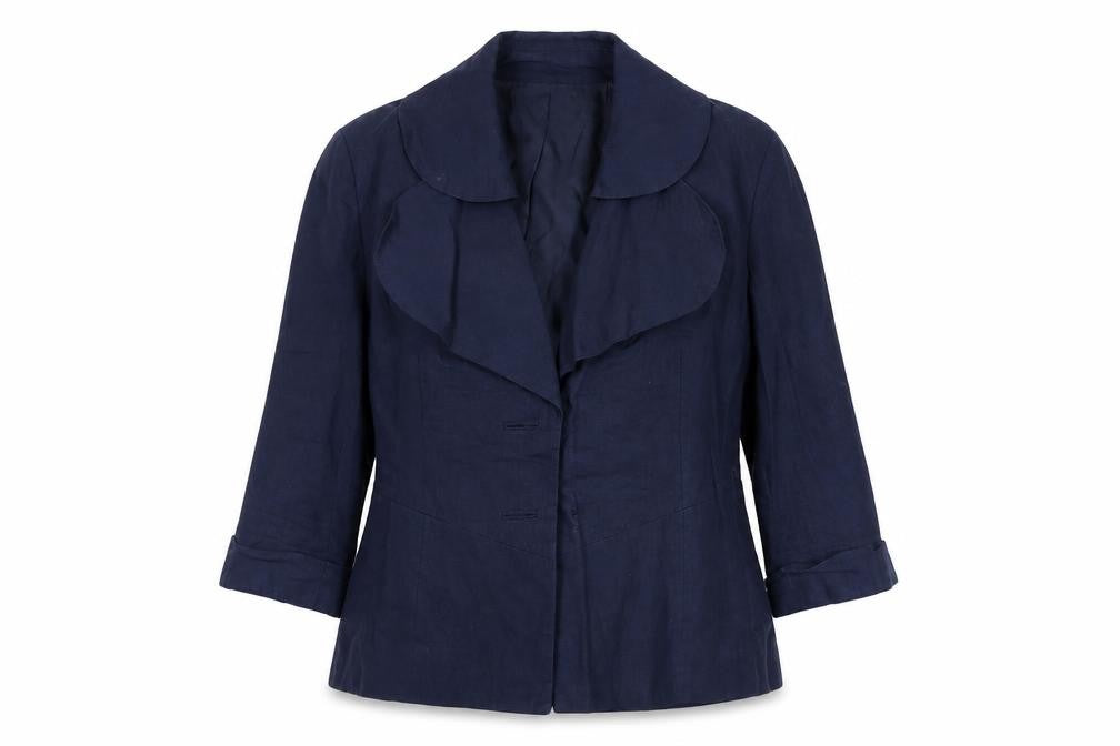 Front view of Great Plains Women's Blue Linen Blazer L