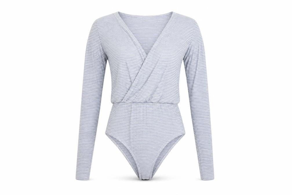 Front view of H&M Women's Grey Striped Bodysuit, size S