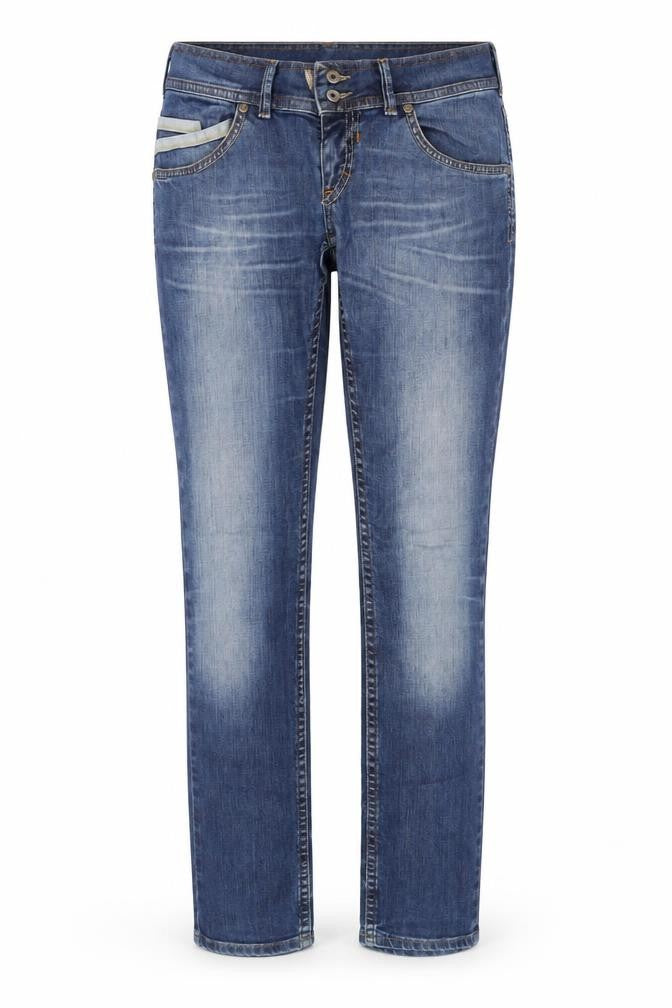 Front view of Vertus Women's Blue Straight Jeans, size 12, Medium Wash