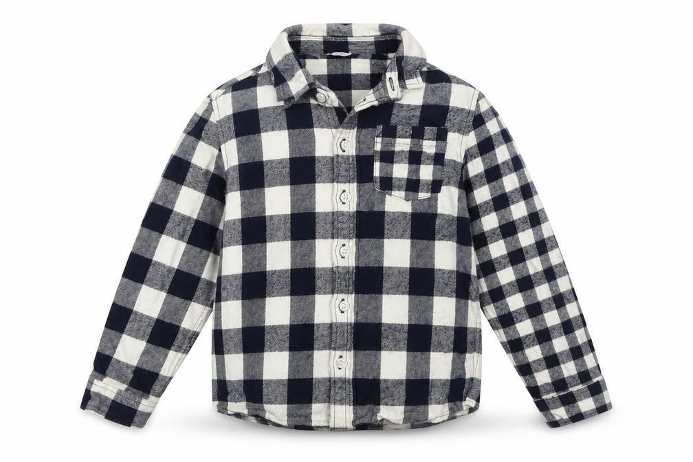 Front view of Marks & Spencer boys’ black & white check shirt 5-6 years