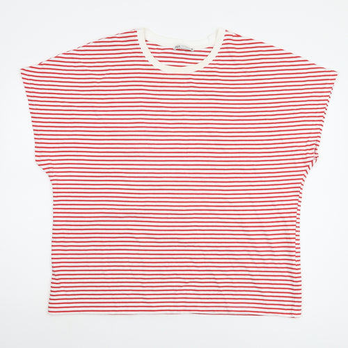 Zara Women's Red Striped Cotton T-Shirt XL