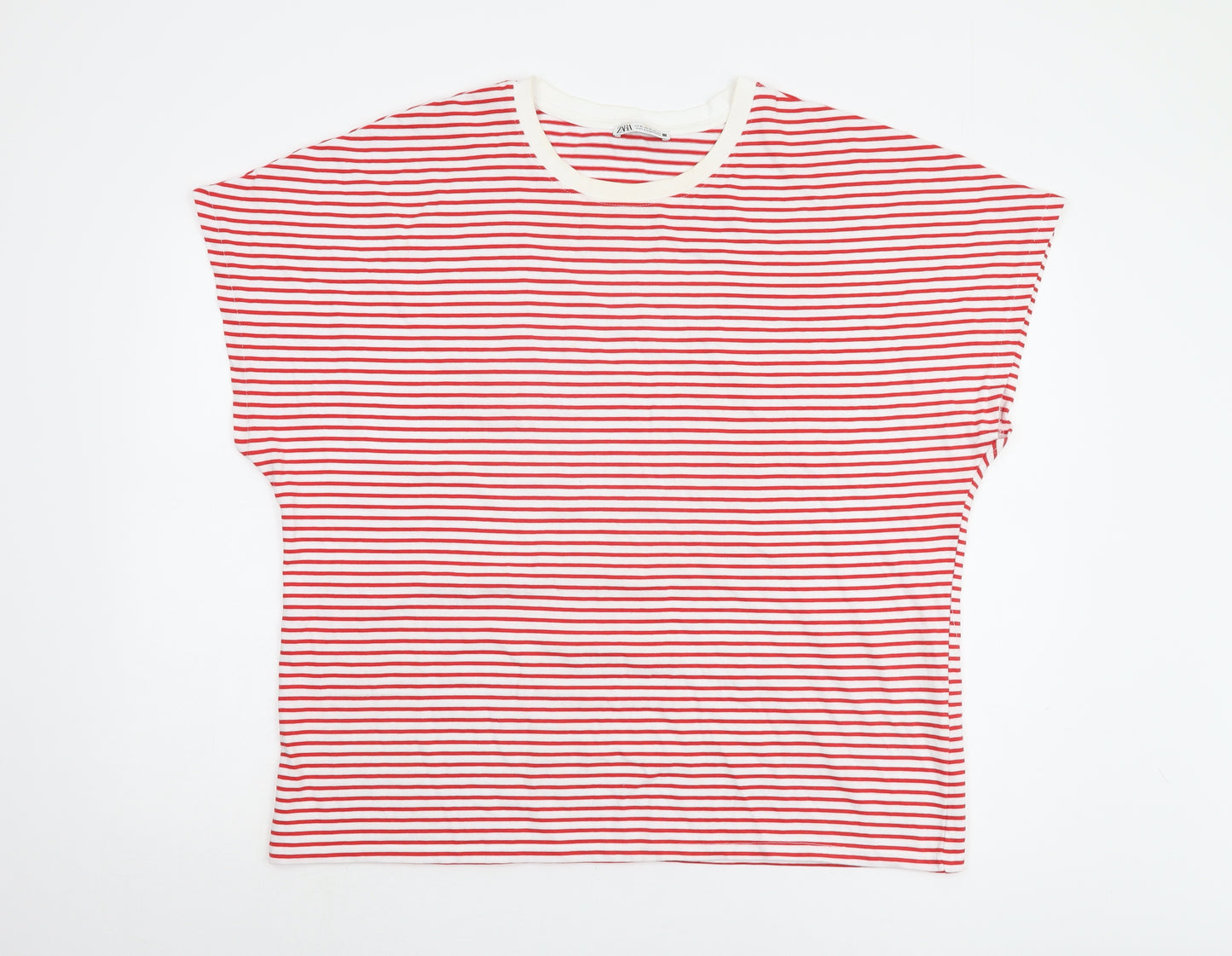 Zara Women's Red Striped Cotton T-Shirt XL