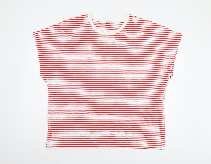 Zara Women's Red Striped Cotton T-Shirt XL
