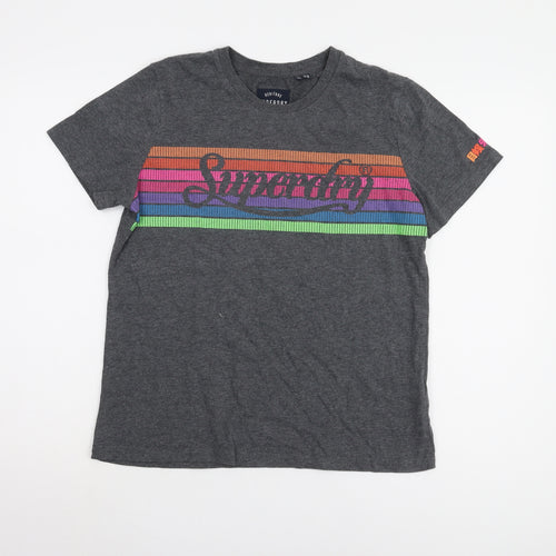 Superdry Women's Grey Striped T-Shirt, Size 14, Retro Style