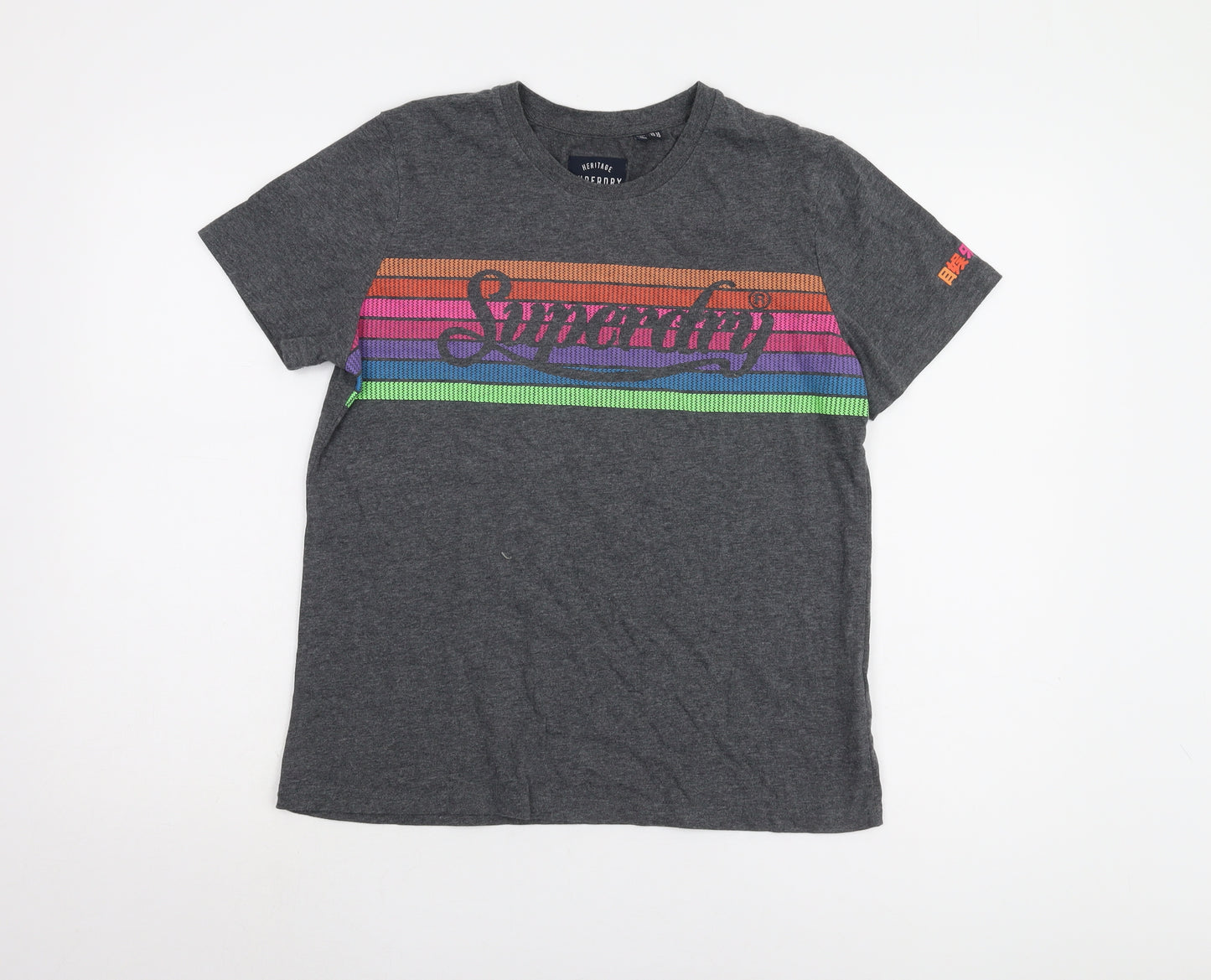 Superdry Women's Grey Striped T-Shirt, Size 14, Retro Style