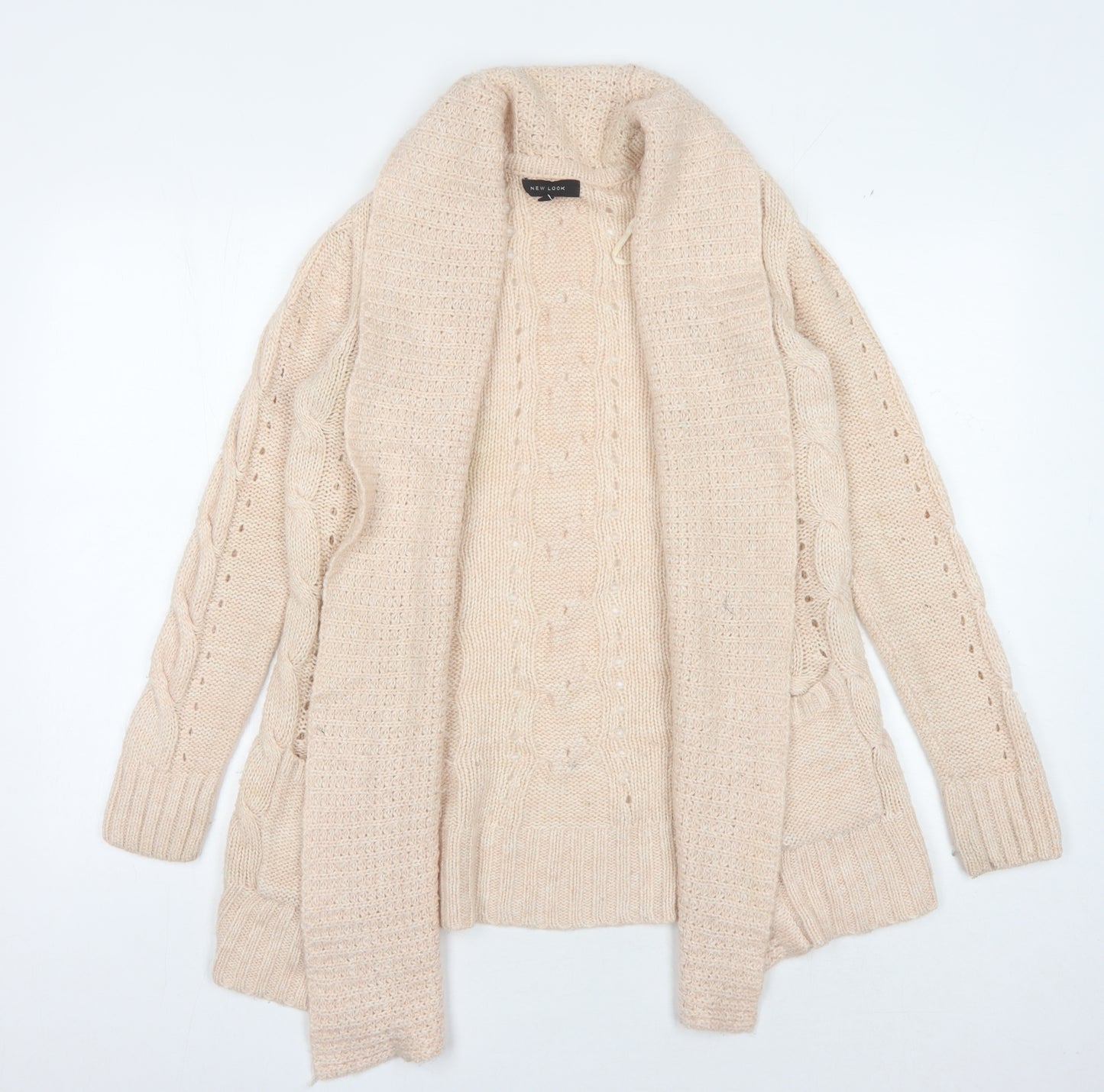 New Look Women's Beige Cable-Knit Open Front Cardigan Size 8