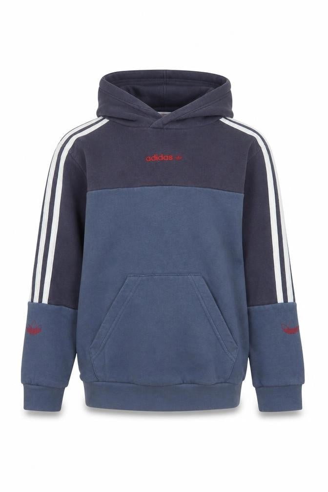 Front view of Adidas boys’ blue pullover hoodie xs colourblock