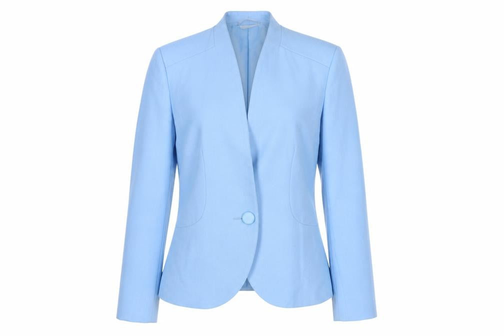 Front view of Alexon Women’s Blue Blazer, UK, size UK 10, Shawl Collar