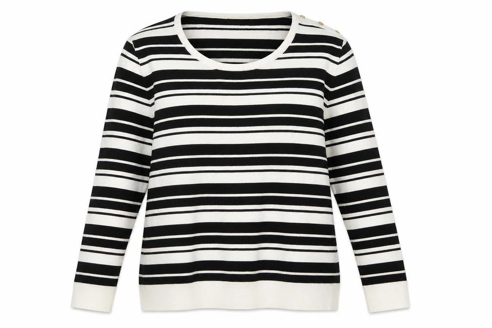 Front view of Pour Moi Women's Black Striped Jumper, size 18, Pullover