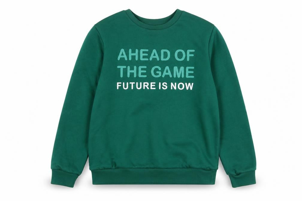 Front view of Jeff & Co girls’ green graphic sweatshirt 9-10 years pullover