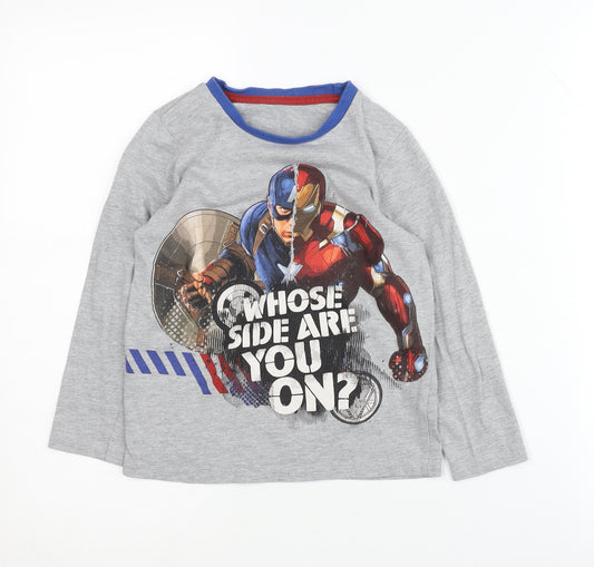 Front view of boys’ marvel captain america t-shirt, grey, 6-7 years, long sleeve