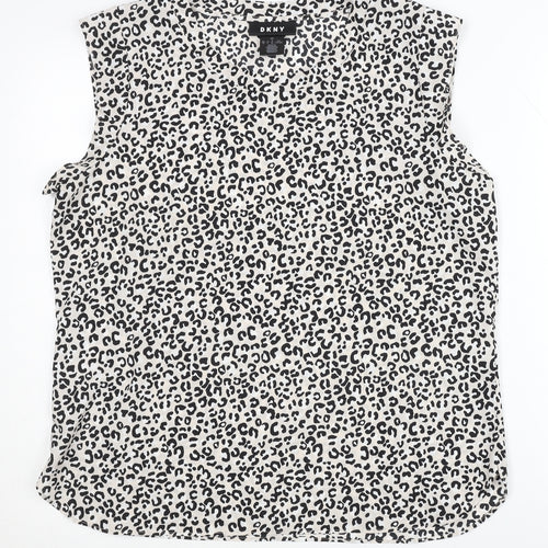 DKNY Women's Black White Animal Print Blouse, L, Casual