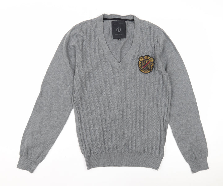 Jack & Jones Men's Grey V-Neck Pullover Jumper - Size M
