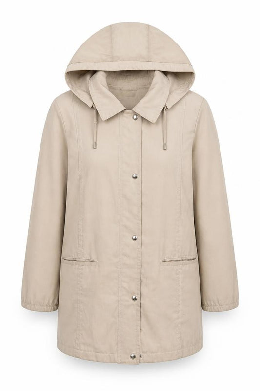 Front view of EWM Women's Beige Parka Jacket, size 12, Hooded, Casual