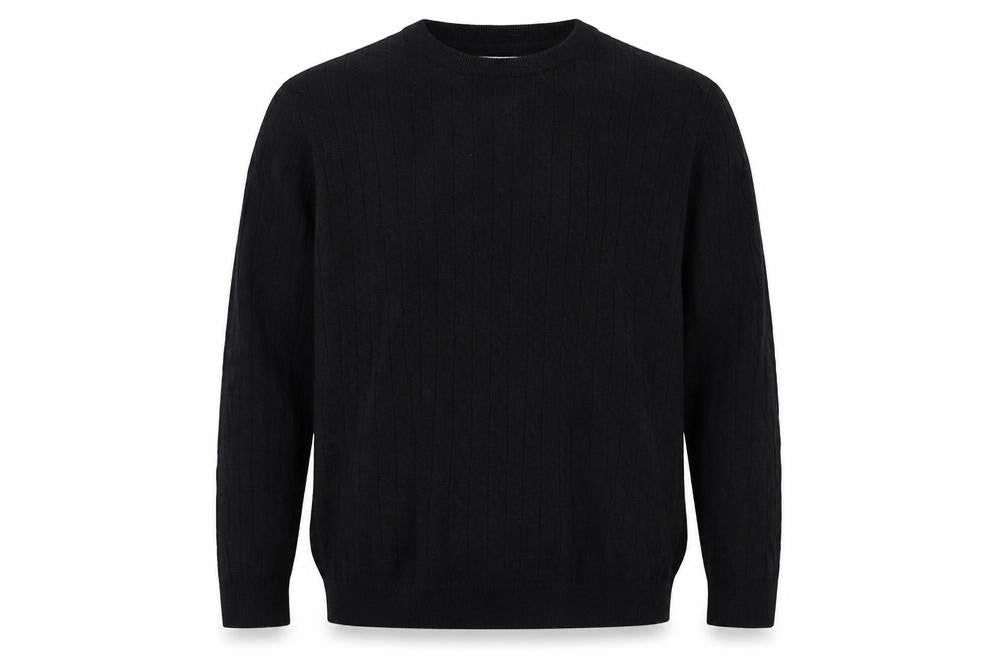 Front view of Racing Green men’s black cable knit jumper l