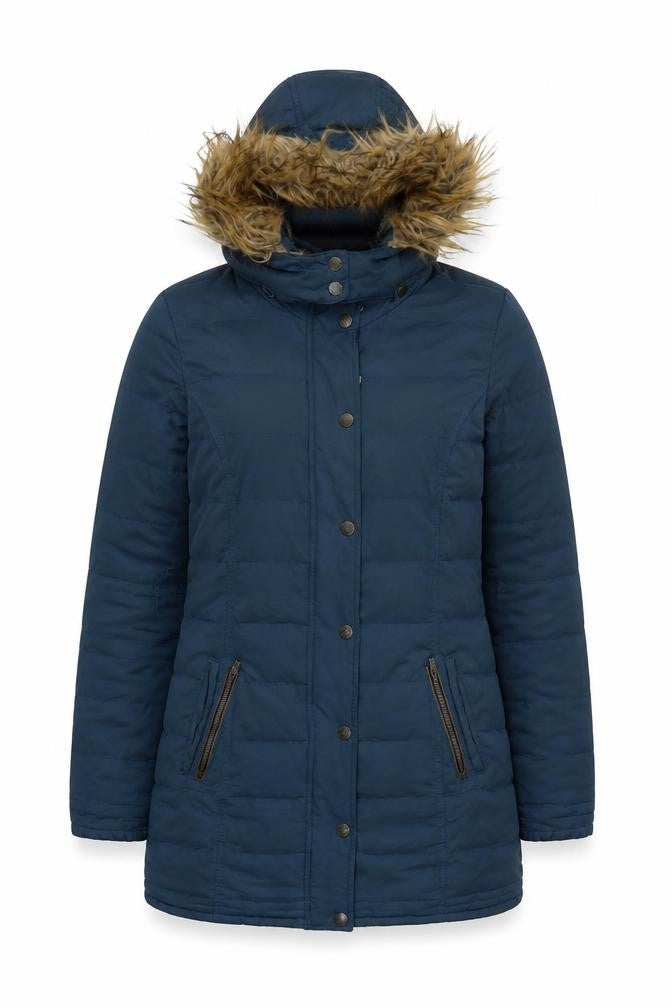 Front view of FatFace Women's Blue Hooded Puffer Coat, size 10