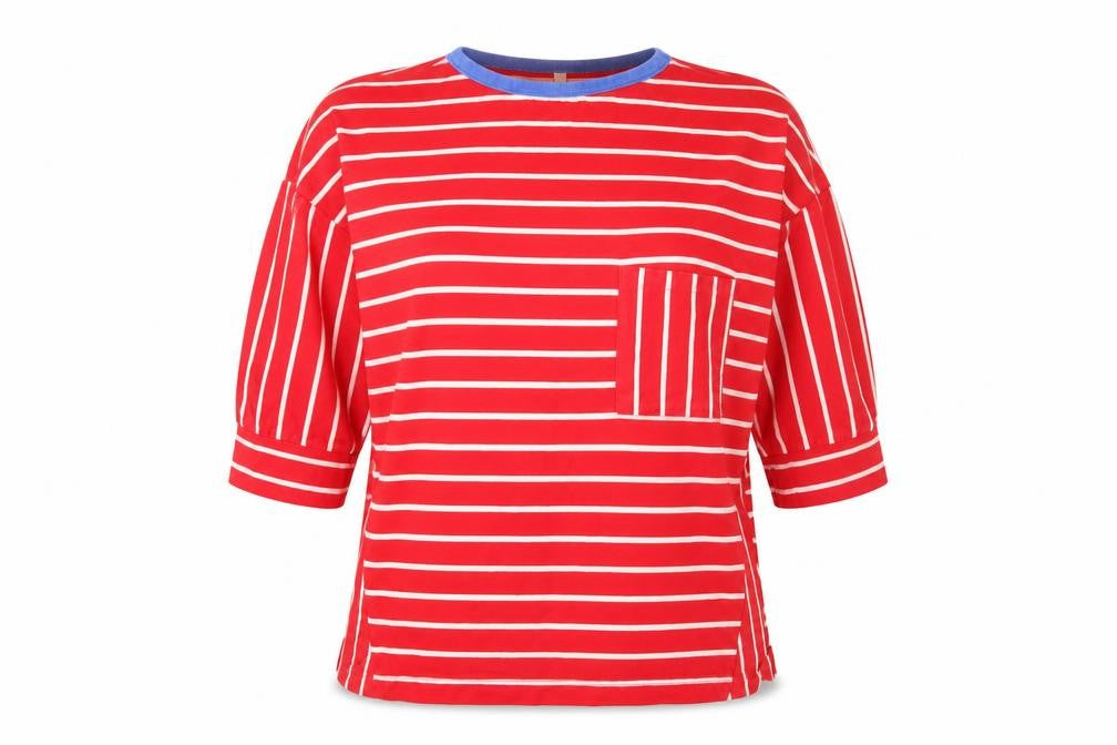 Front view of XRCICI Teens Red Striped Ringer T-Shirt XS