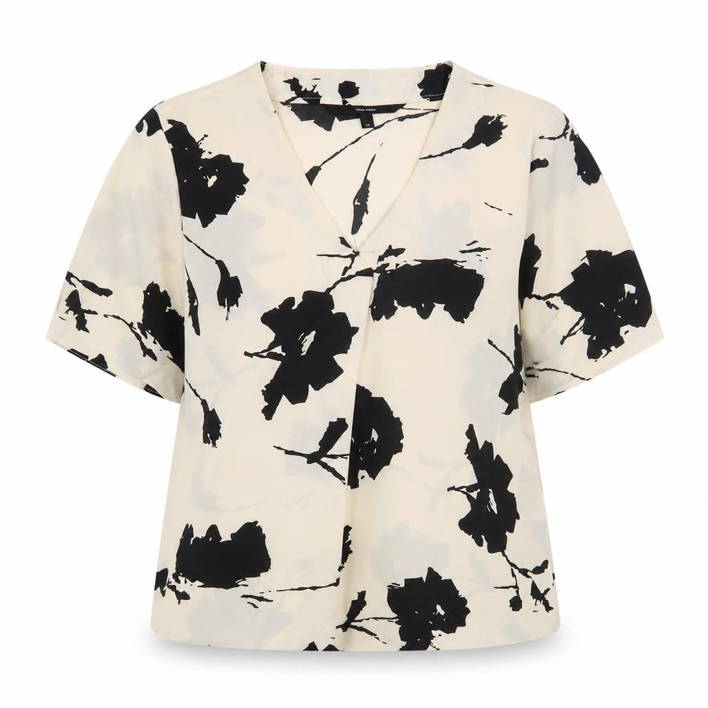 Front view of Vero Moda Women's Black Floral Blouse M Short Sleeve