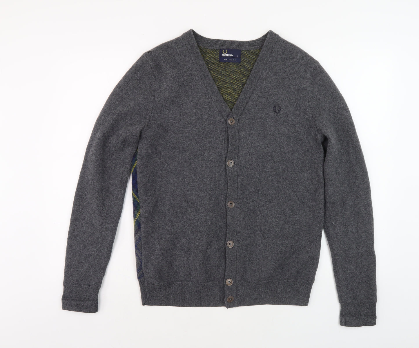 Fred Perry Men's Grey Cardigan Large Plaid Pattern