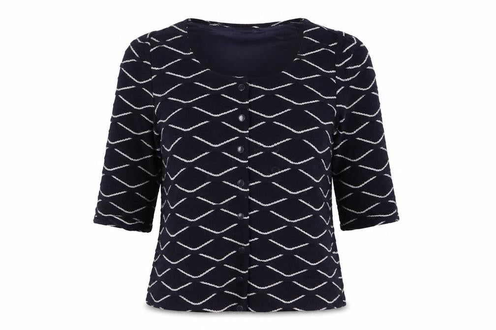 Front view of Alexon Women's Blue Button-Up Geometric Top M