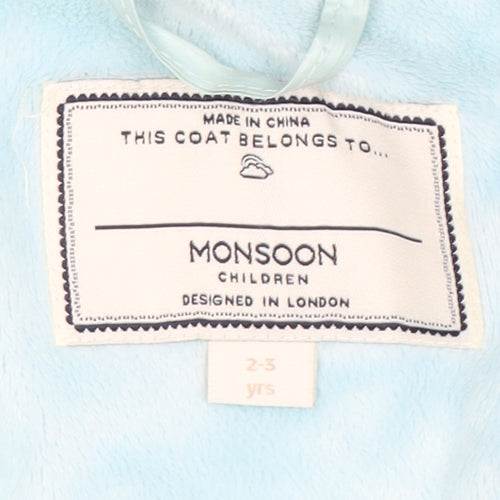 Monsoon Girls Blue Puffer Jacket 2-3 Years Hooded Winter Coat