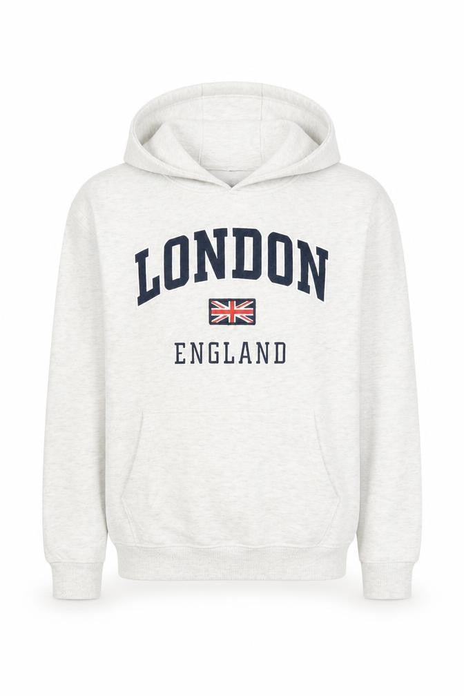 Front view of London King boys’ hoodie 13-14 years white graphic pullover