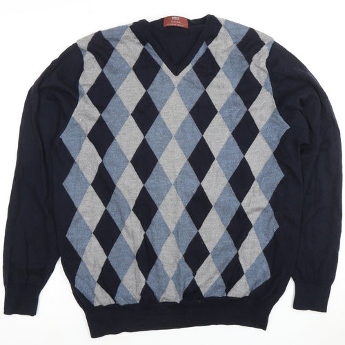 Marks and Spencer Men's Blue Argyle V-Neck Jumper L