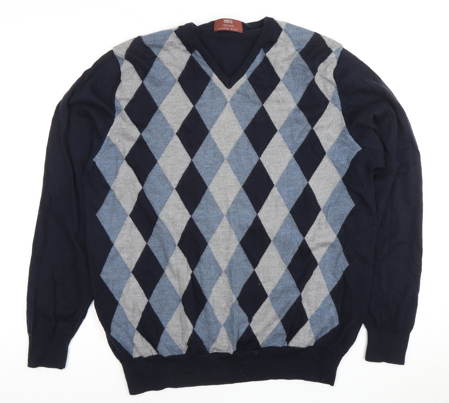 Marks and Spencer Men's Blue Argyle V-Neck Jumper L