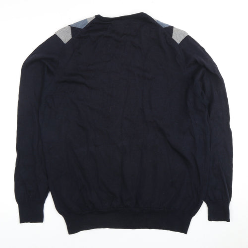 Marks and Spencer Men's Blue Argyle V-Neck Jumper L