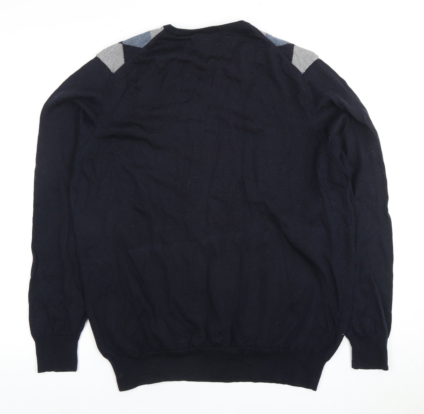 Marks and Spencer Men's Blue Argyle V-Neck Jumper L