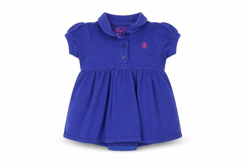 Front view of Original Penguin unisex blue shirt dress 3-6 months