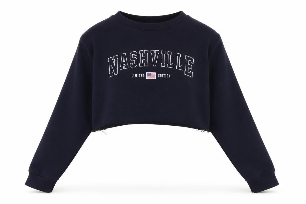Front view of Boohoo Women's Blue Cropped Pullover Sweatshirt, UK 12