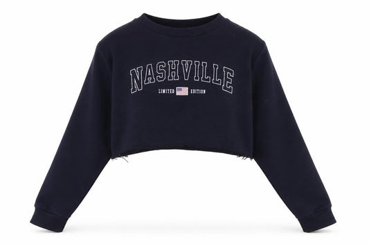 Front view of Boohoo Women's Blue Cropped Pullover Sweatshirt, UK 12