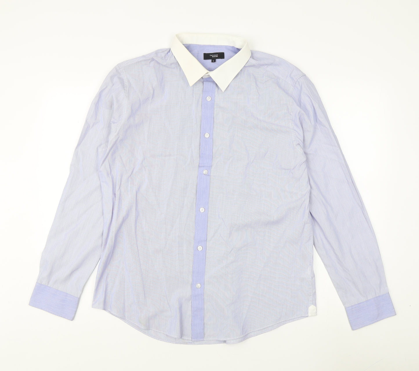 Thomas Nash Men's Blue Striped Dress Shirt L